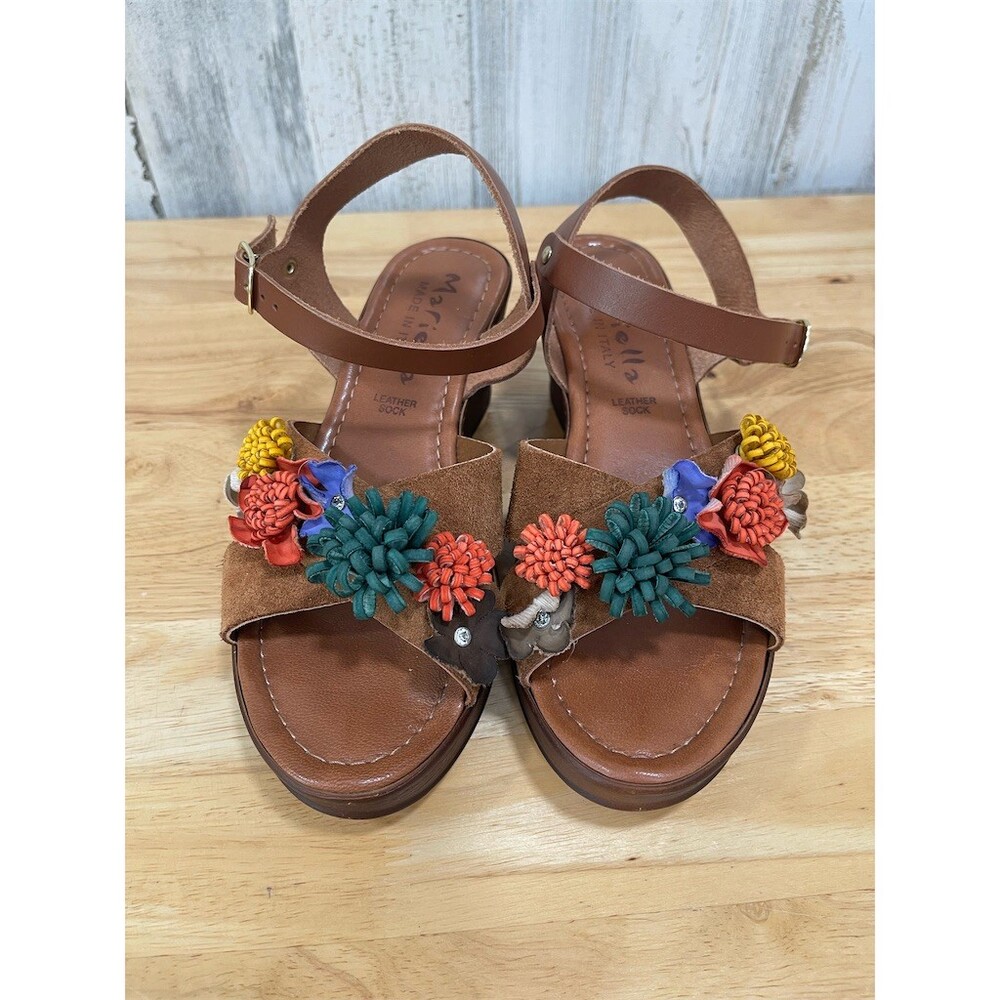 Mariella Wedge Leqther Sandals Woman 7M Brown Suede Floral Applique Ankle Strap